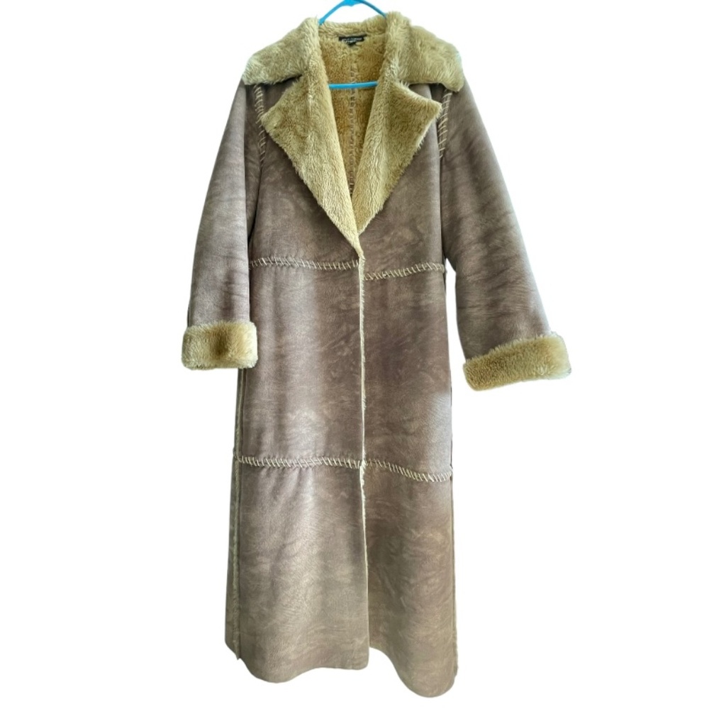 Polo Garage Suede Leather Long Duster Women's Coat Size M Faux Fur Lined